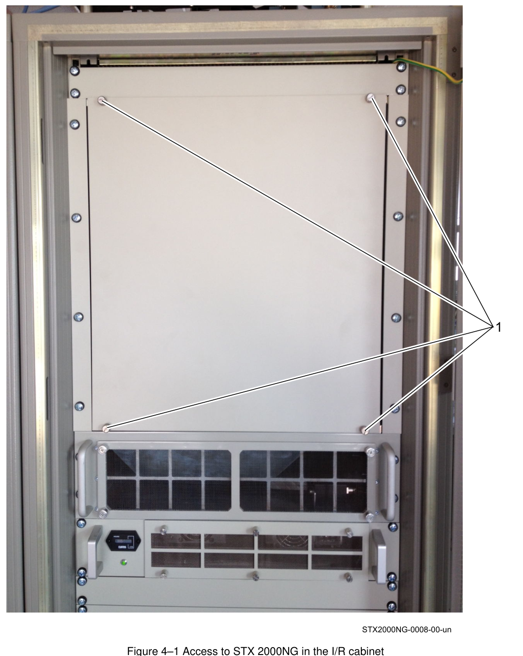 Figure 4-1 Access to STX 2000NG in the I/R cabinet (item 1 = blind panel screws)